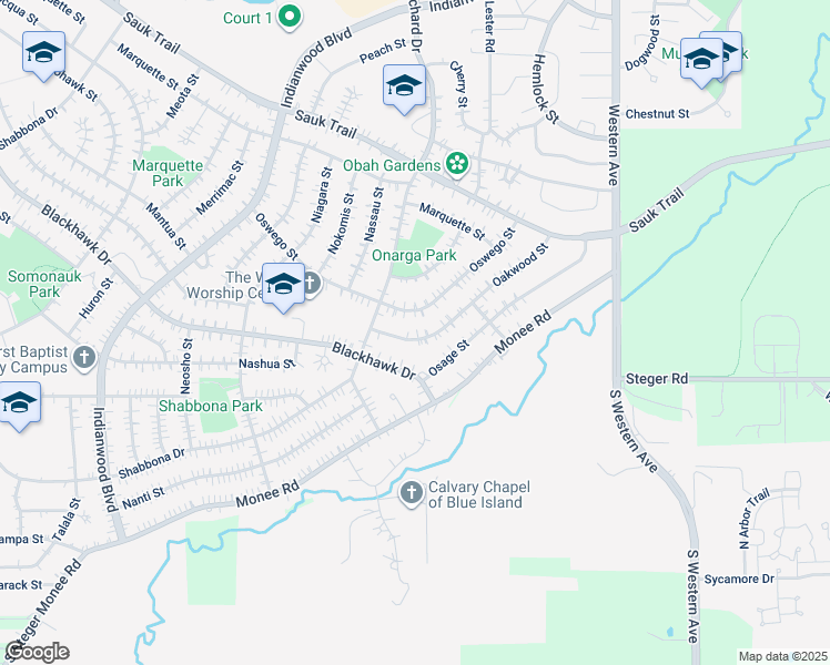 map of restaurants, bars, coffee shops, grocery stores, and more near 352 Oakwood Street in Park Forest