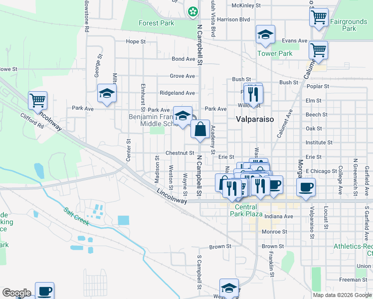 map of restaurants, bars, coffee shops, grocery stores, and more near 460 Chestnut Street in Valparaiso