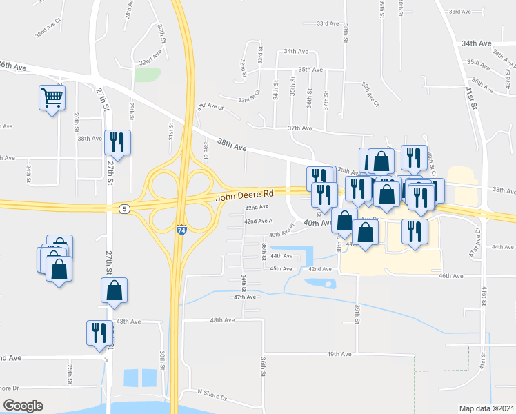 map of restaurants, bars, coffee shops, grocery stores, and more near 3409 42nd Avenue in Moline