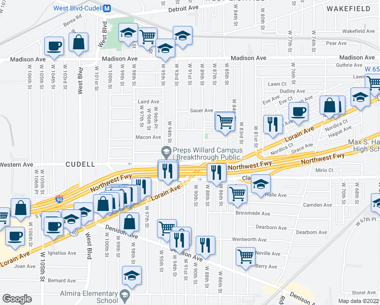 map of restaurants, bars, coffee shops, grocery stores, and more near West 91st Street in Cleveland