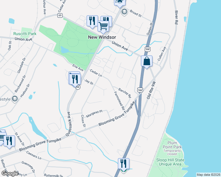 map of restaurants, bars, coffee shops, grocery stores, and more near 15 Farmstead Road in New Windsor