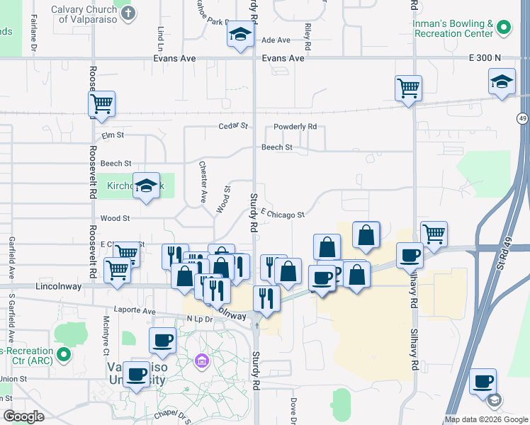 map of restaurants, bars, coffee shops, grocery stores, and more near 2000-2074 E Chicago St in Valparaiso