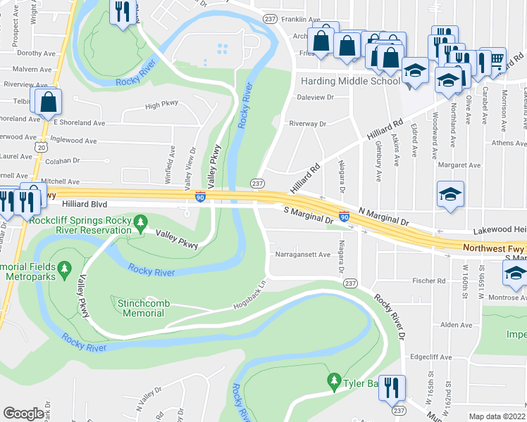 map of restaurants, bars, coffee shops, grocery stores, and more near 2245 Riverside Dr in Lakewood