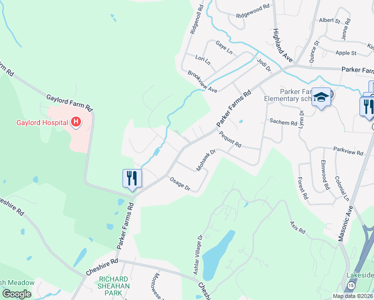 map of restaurants, bars, coffee shops, grocery stores, and more near 170 Mohawk Drive in Wallingford
