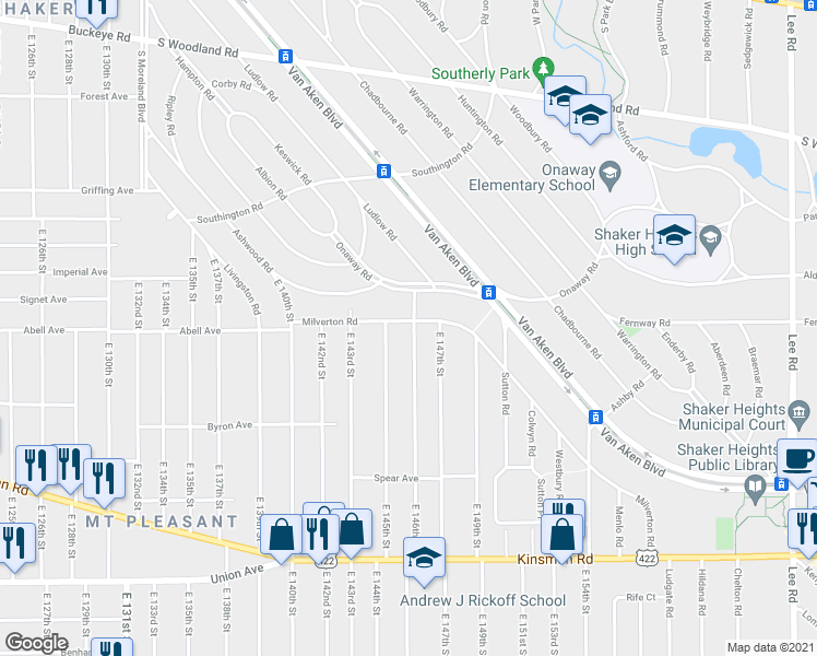 map of restaurants, bars, coffee shops, grocery stores, and more near 3277 East 145th Street in Cleveland