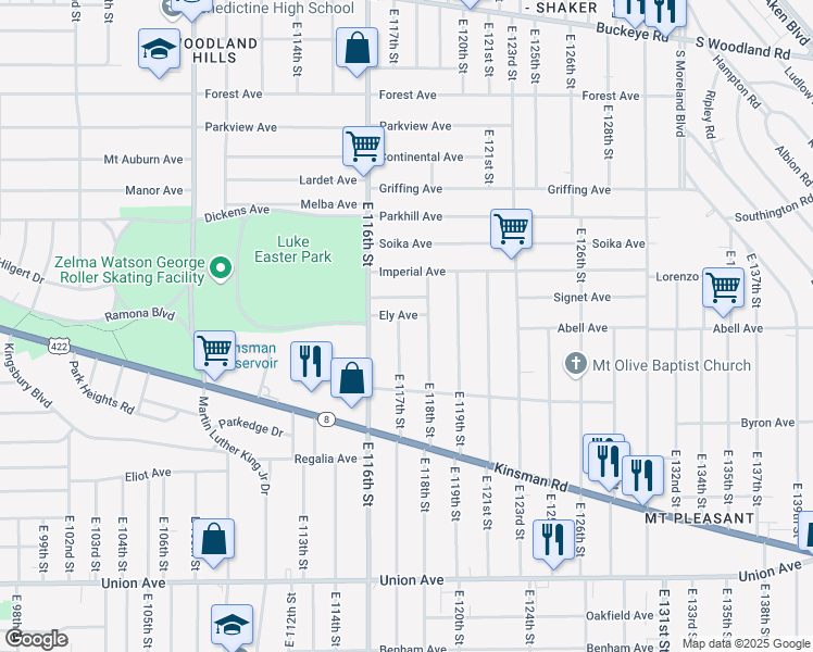 map of restaurants, bars, coffee shops, grocery stores, and more near 3239 East 117th Street in Cleveland
