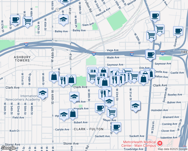 map of restaurants, bars, coffee shops, grocery stores, and more near 3619 Walton Avenue in Cleveland