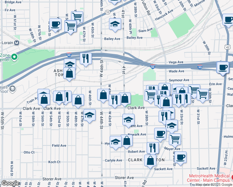 map of restaurants, bars, coffee shops, grocery stores, and more near 4119 Howlett Avenue in Cleveland