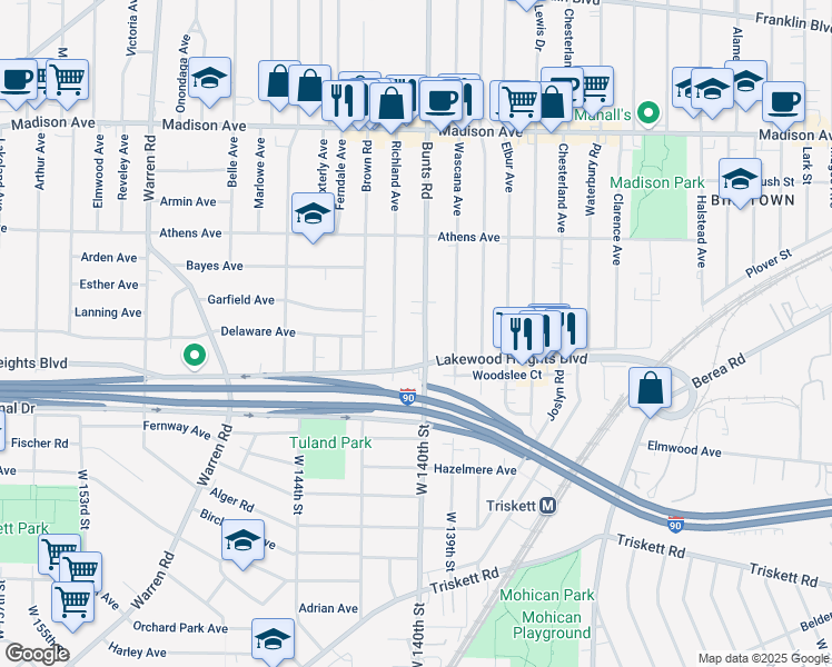 map of restaurants, bars, coffee shops, grocery stores, and more near 2233 Richland Avenue in Lakewood