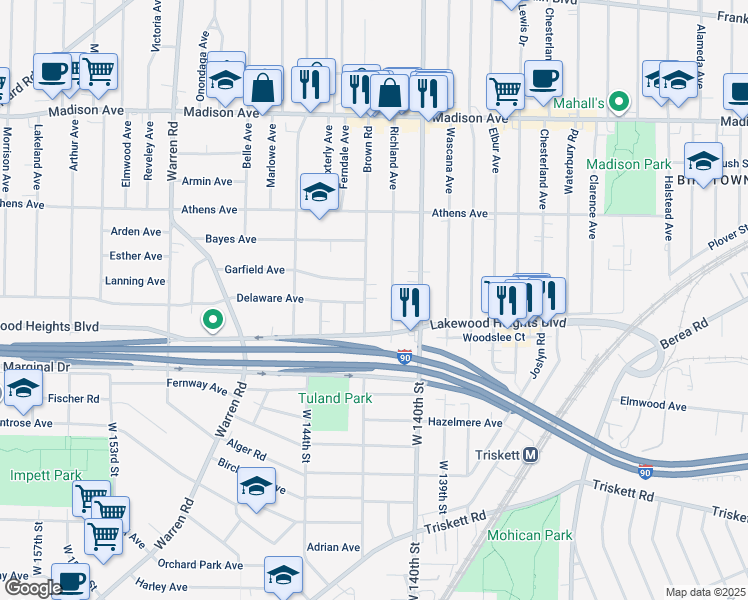 map of restaurants, bars, coffee shops, grocery stores, and more near 2237 Brown Road in Lakewood