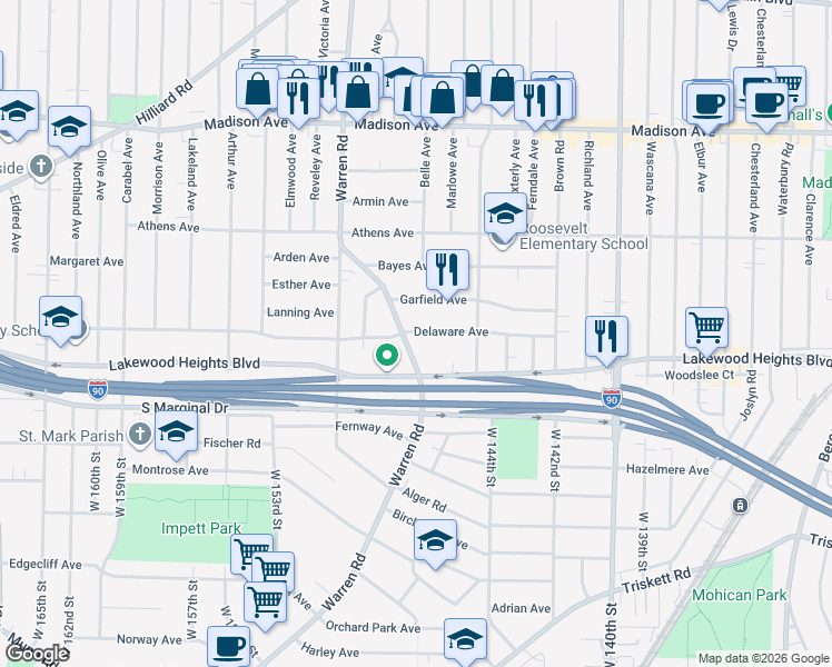 map of restaurants, bars, coffee shops, grocery stores, and more near 14740 Lakewood Heights Boulevard in Lakewood