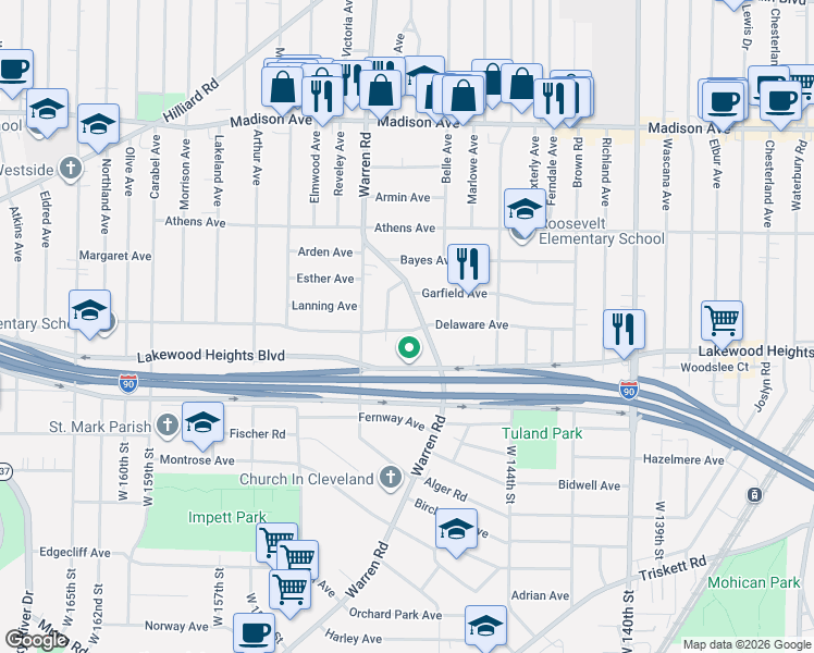 map of restaurants, bars, coffee shops, grocery stores, and more near 14740 Lakewood Heights Boulevard in Lakewood