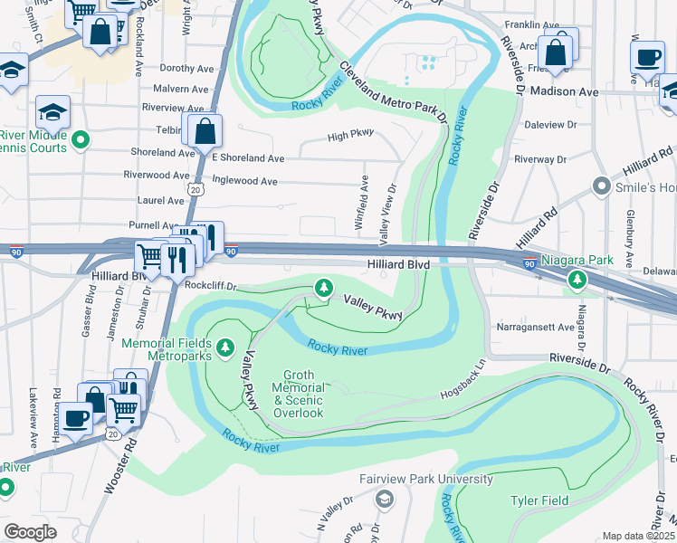 map of restaurants, bars, coffee shops, grocery stores, and more near 18833 Rockcliff Drive in Rocky River