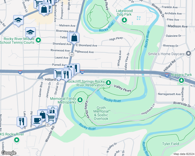 map of restaurants, bars, coffee shops, grocery stores, and more near 18885 Hilliard Boulevard in Rocky River
