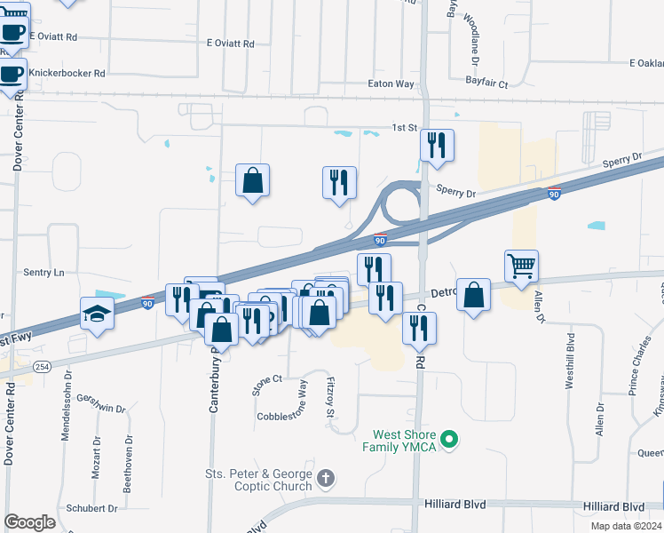 map of restaurants, bars, coffee shops, grocery stores, and more near 25807 Peppercorn Drive in Westlake