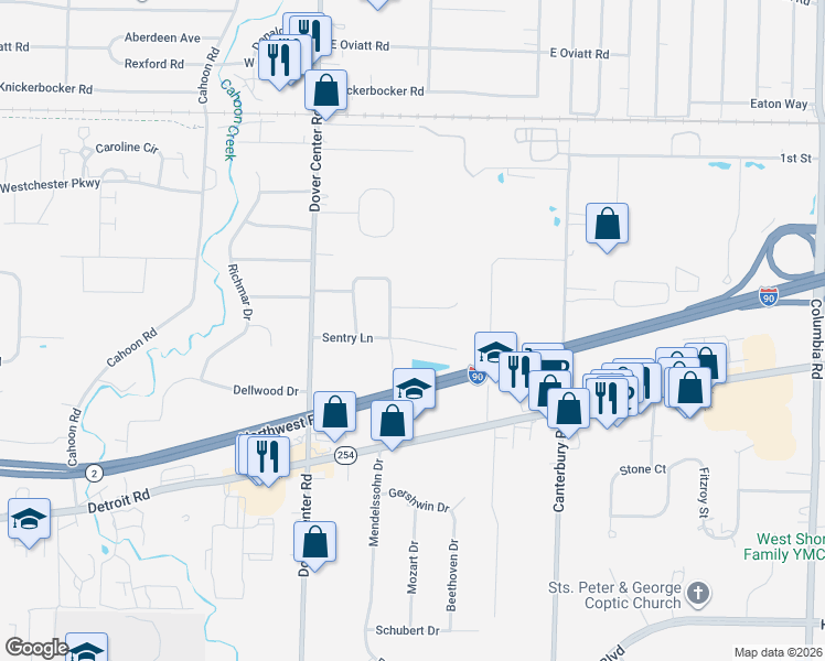 map of restaurants, bars, coffee shops, grocery stores, and more near 1101 Montclair Circle in Westlake
