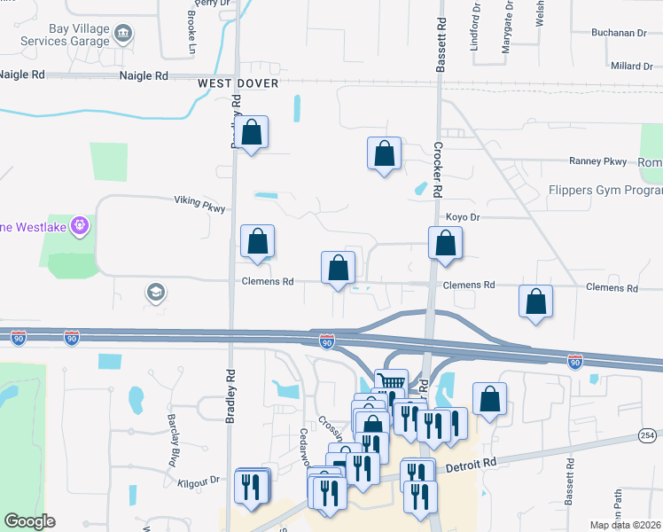 map of restaurants, bars, coffee shops, grocery stores, and more near 30205 Clemens Road in Westlake