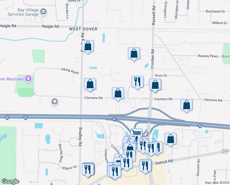 map of restaurants, bars, coffee shops, grocery stores, and more near 30205 Clemens Road in Westlake