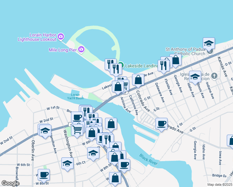 map of restaurants, bars, coffee shops, grocery stores, and more near 310 East Erie Avenue in Lorain