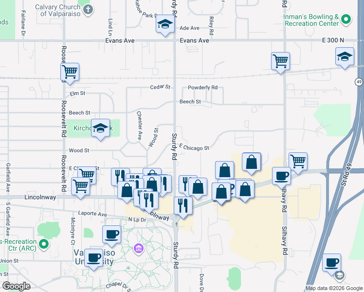 map of restaurants, bars, coffee shops, grocery stores, and more near 2000-2074 E Chicago St in Valparaiso
