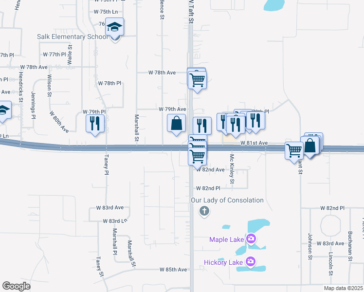 map of restaurants, bars, coffee shops, grocery stores, and more near 2503 Lincoln Highway in Merrillville