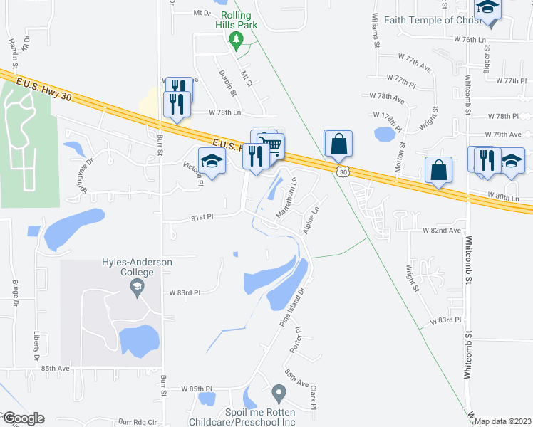 map of restaurants, bars, coffee shops, grocery stores, and more near 8145 Pine Island Terrace in Crown Point