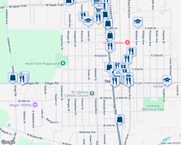map of restaurants, bars, coffee shops, grocery stores, and more near 3328 Green Street in Steger