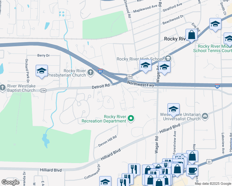 map of restaurants, bars, coffee shops, grocery stores, and more near 21465 Detroit Road in Rocky River
