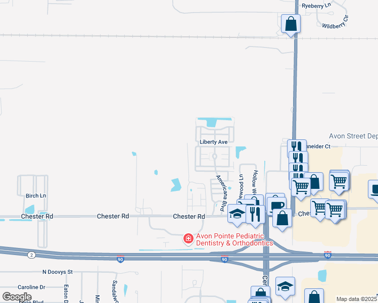 map of restaurants, bars, coffee shops, grocery stores, and more near 36850 Chester Road in Avon