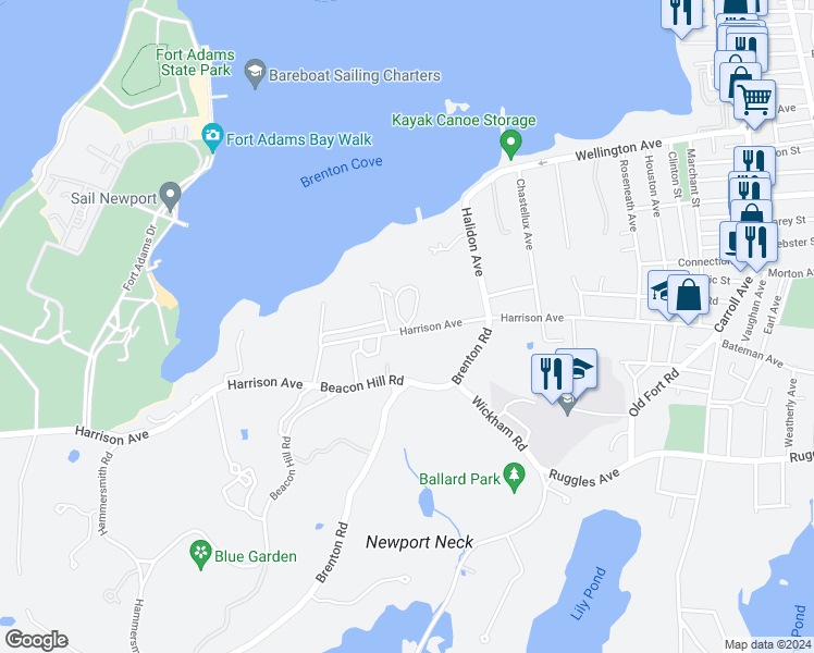 map of restaurants, bars, coffee shops, grocery stores, and more near 111 Harrison Avenue in Newport