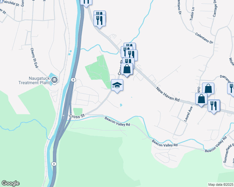 map of restaurants, bars, coffee shops, grocery stores, and more near 120 Cross Street in Naugatuck