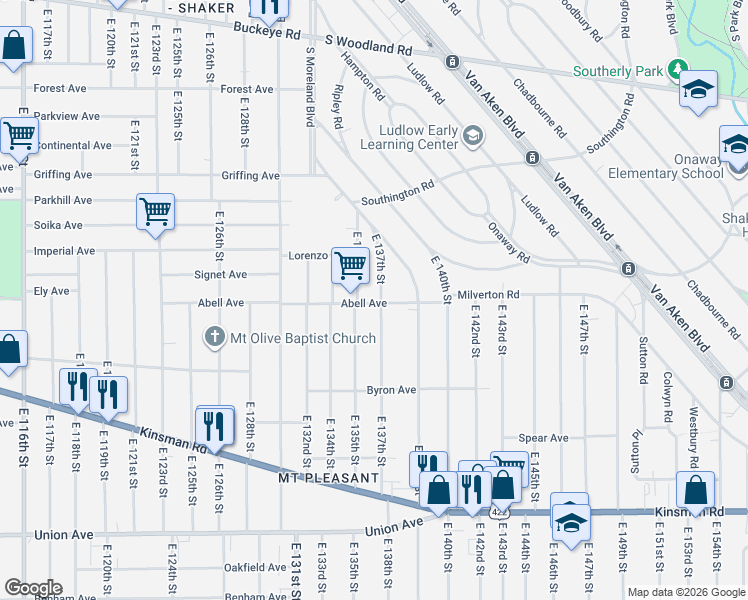 map of restaurants, bars, coffee shops, grocery stores, and more near 3250 East 137th Street in Cleveland