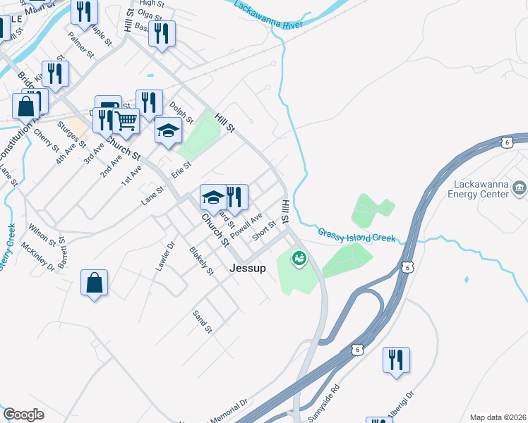 map of restaurants, bars, coffee shops, grocery stores, and more near 107 Powell Avenue in Jessup