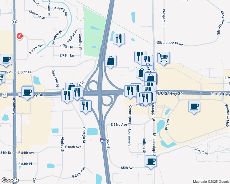 map of restaurants, bars, coffee shops, grocery stores, and more near Interstate 65 in Merrillville