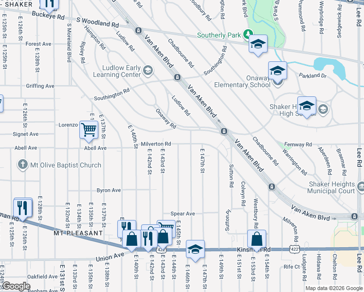 map of restaurants, bars, coffee shops, grocery stores, and more near 14420 Onaway Road in Shaker Heights