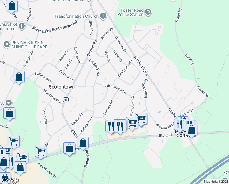 map of restaurants, bars, coffee shops, grocery stores, and more near 35 Loch Lomond Lane in Middletown