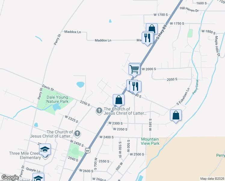map of restaurants, bars, coffee shops, grocery stores, and more near 639 West 2150 South in Perry