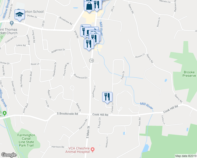 map of restaurants, bars, coffee shops, grocery stores, and more near 1216 South Main Street in Cheshire