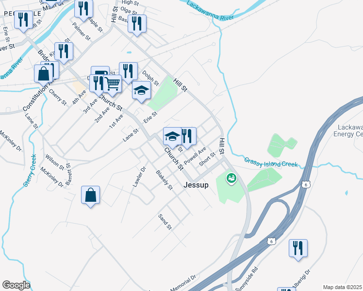 map of restaurants, bars, coffee shops, grocery stores, and more near 802 Court Street in Jessup