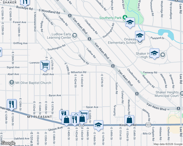 map of restaurants, bars, coffee shops, grocery stores, and more near 14420 Onaway Road in Shaker Heights