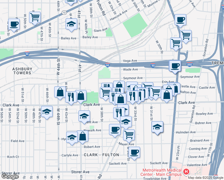 map of restaurants, bars, coffee shops, grocery stores, and more near 3642 Erin Avenue in Cleveland