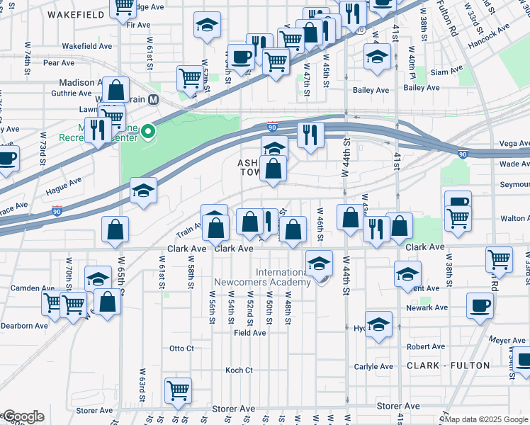 map of restaurants, bars, coffee shops, grocery stores, and more near 5008 Train Avenue in Cleveland
