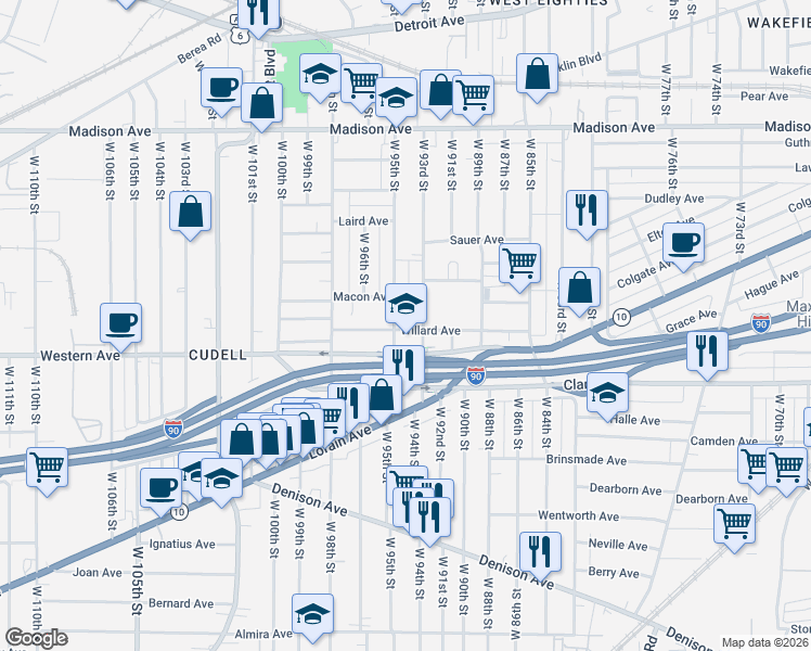 map of restaurants, bars, coffee shops, grocery stores, and more near 2181 West 95th Street in Cleveland
