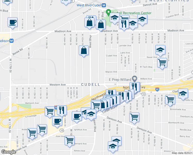 map of restaurants, bars, coffee shops, grocery stores, and more near 2180 West 101st Street in Cleveland