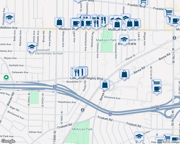 map of restaurants, bars, coffee shops, grocery stores, and more near 2179 Waterbury Road in Lakewood