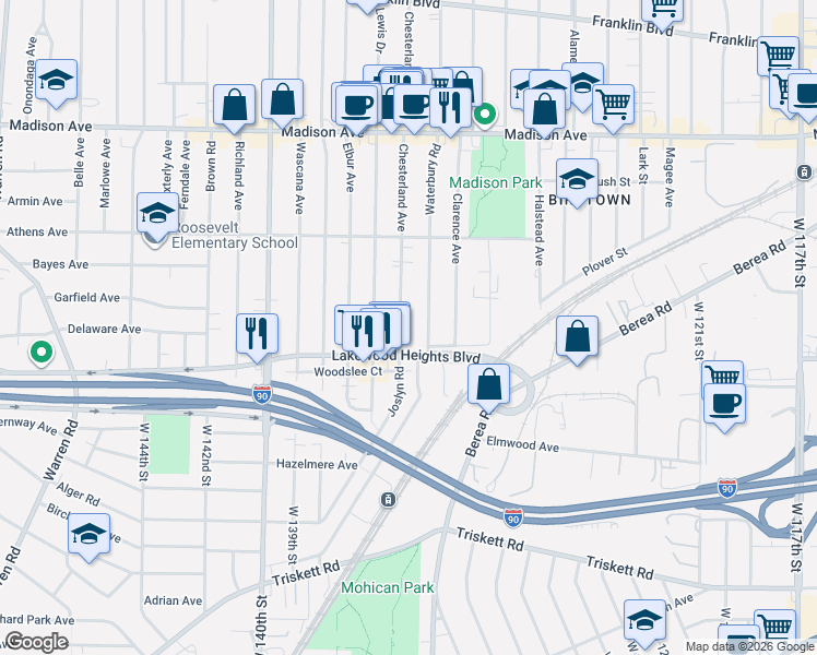 map of restaurants, bars, coffee shops, grocery stores, and more near 2182 Chesterland Avenue in Lakewood
