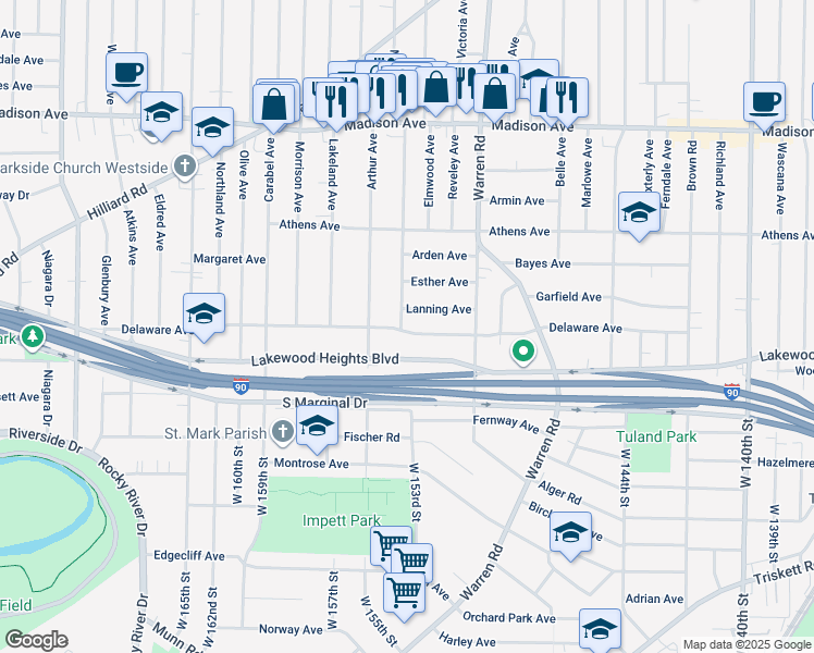 map of restaurants, bars, coffee shops, grocery stores, and more near 15126 Lanning Avenue in Lakewood
