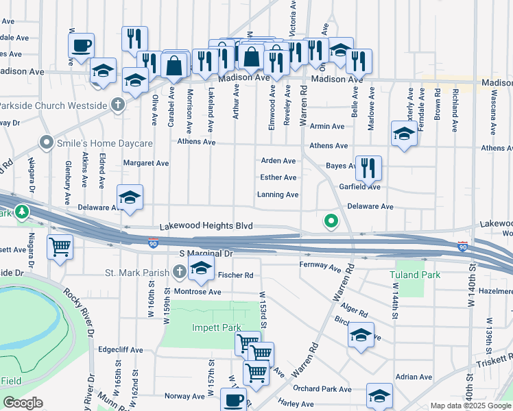 map of restaurants, bars, coffee shops, grocery stores, and more near 2188 Mars Avenue in Lakewood