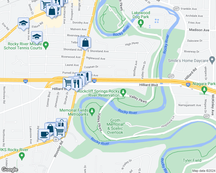 map of restaurants, bars, coffee shops, grocery stores, and more near 5 Hilliard Boulevard in Rocky River