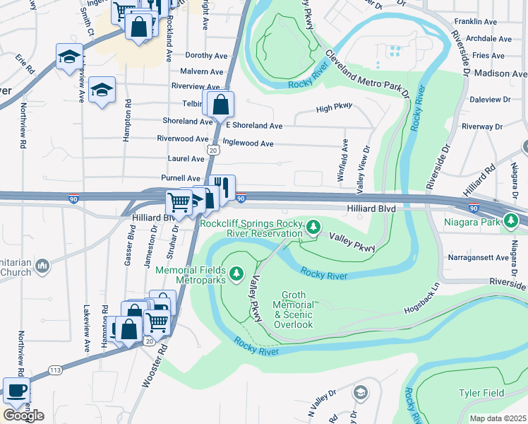 map of restaurants, bars, coffee shops, grocery stores, and more near 5 Hilliard Boulevard in Rocky River
